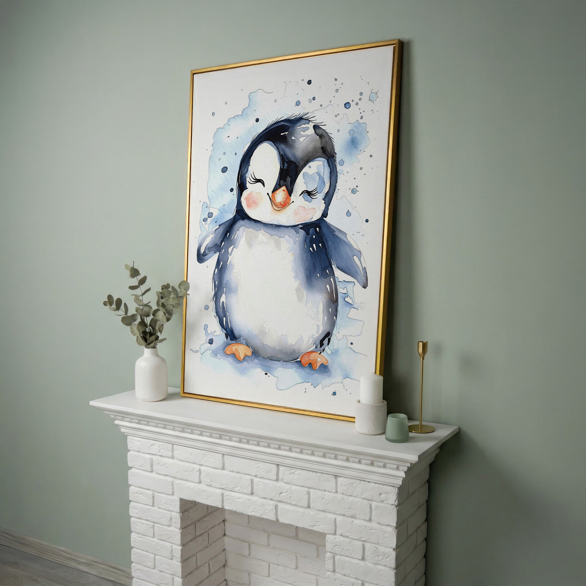 Baby Penguin Watercolor Canvas for Nursery in yellow gold floating frame
