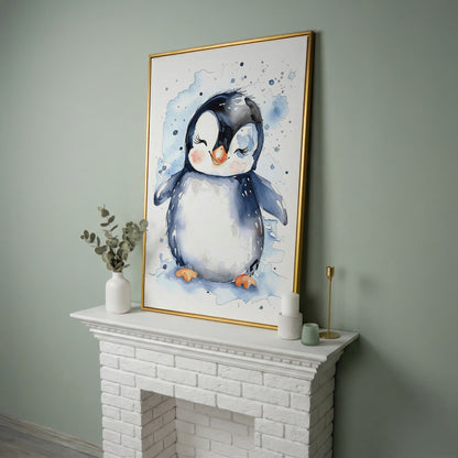 Baby Penguin Watercolor Canvas for Nursery in yellow gold floating frame