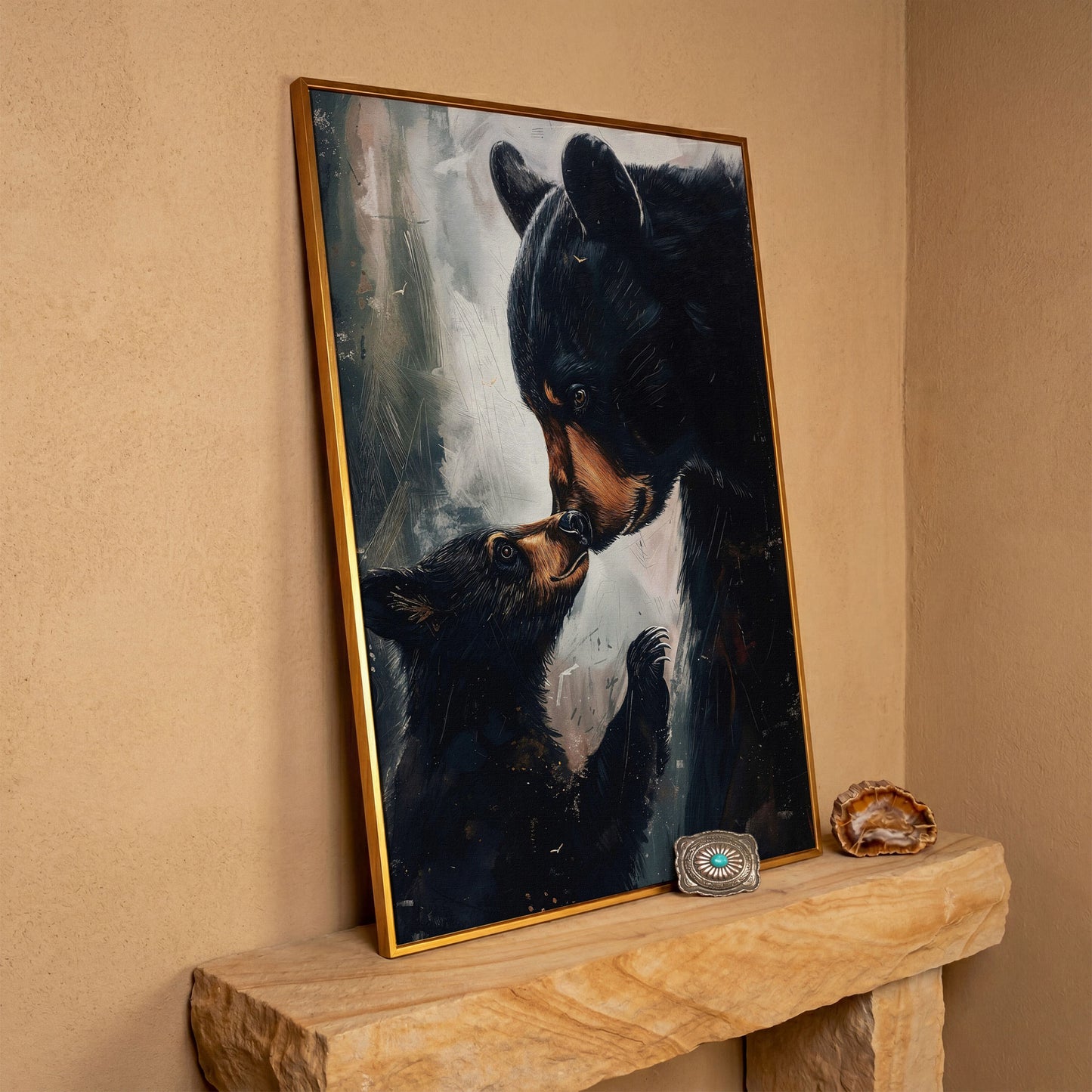 Mother and Baby Bear Canvas in antique gold floating frame