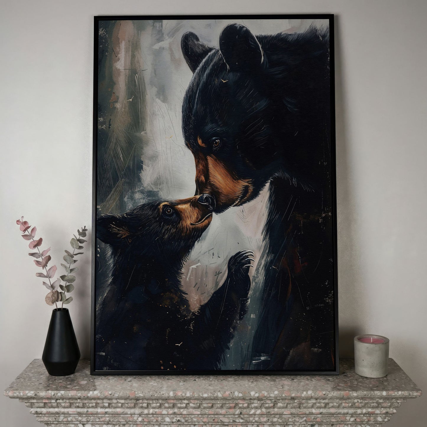 Mother and Baby Bear Canvas in black floating frame