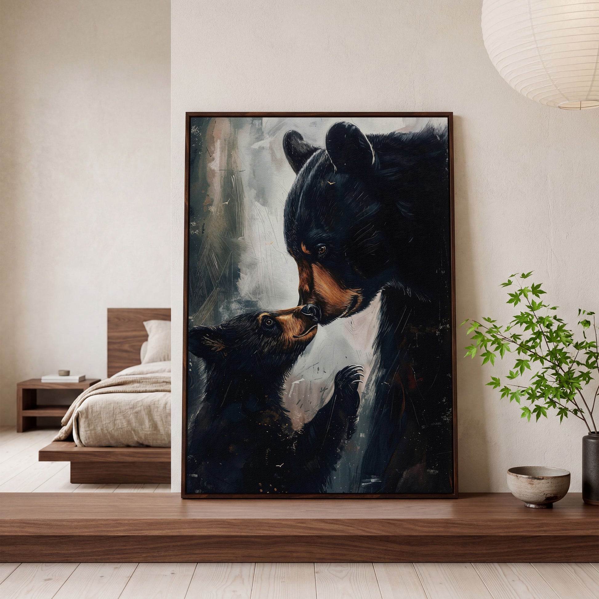 Mother and Baby Bear Canvas in dark walnut floating frame