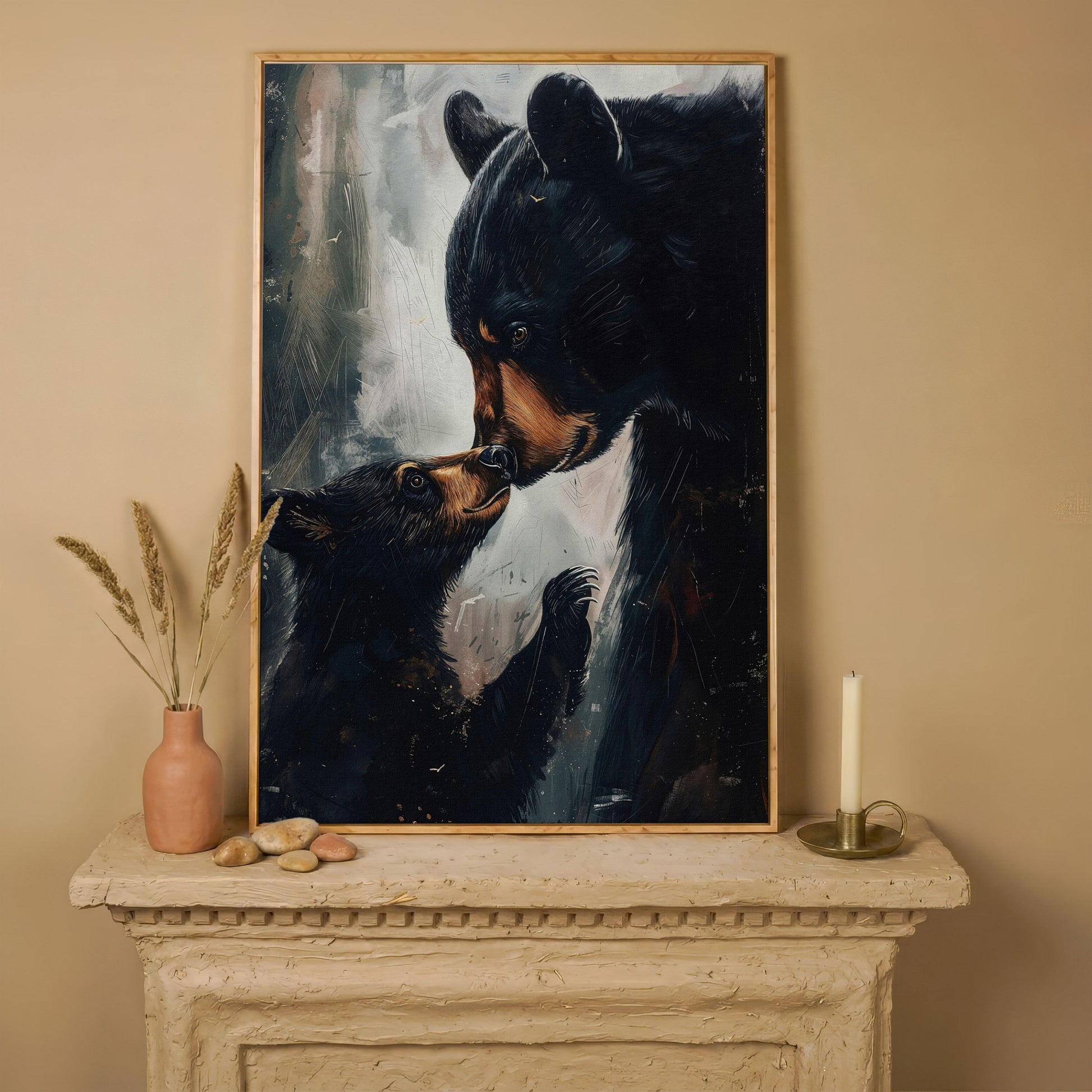 Mother and Baby Bear Canvas in white oak floating frame