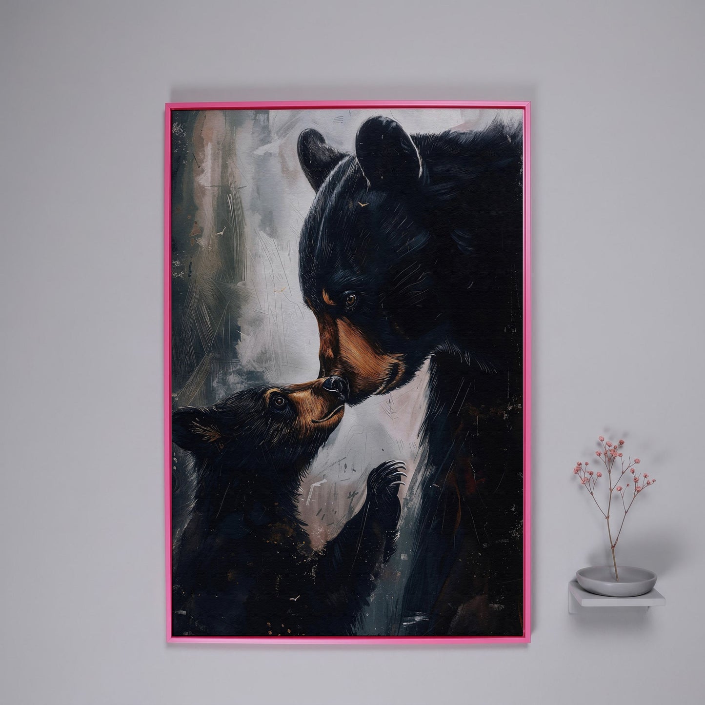 Mother and Baby Bear Canvas in pink floating frame