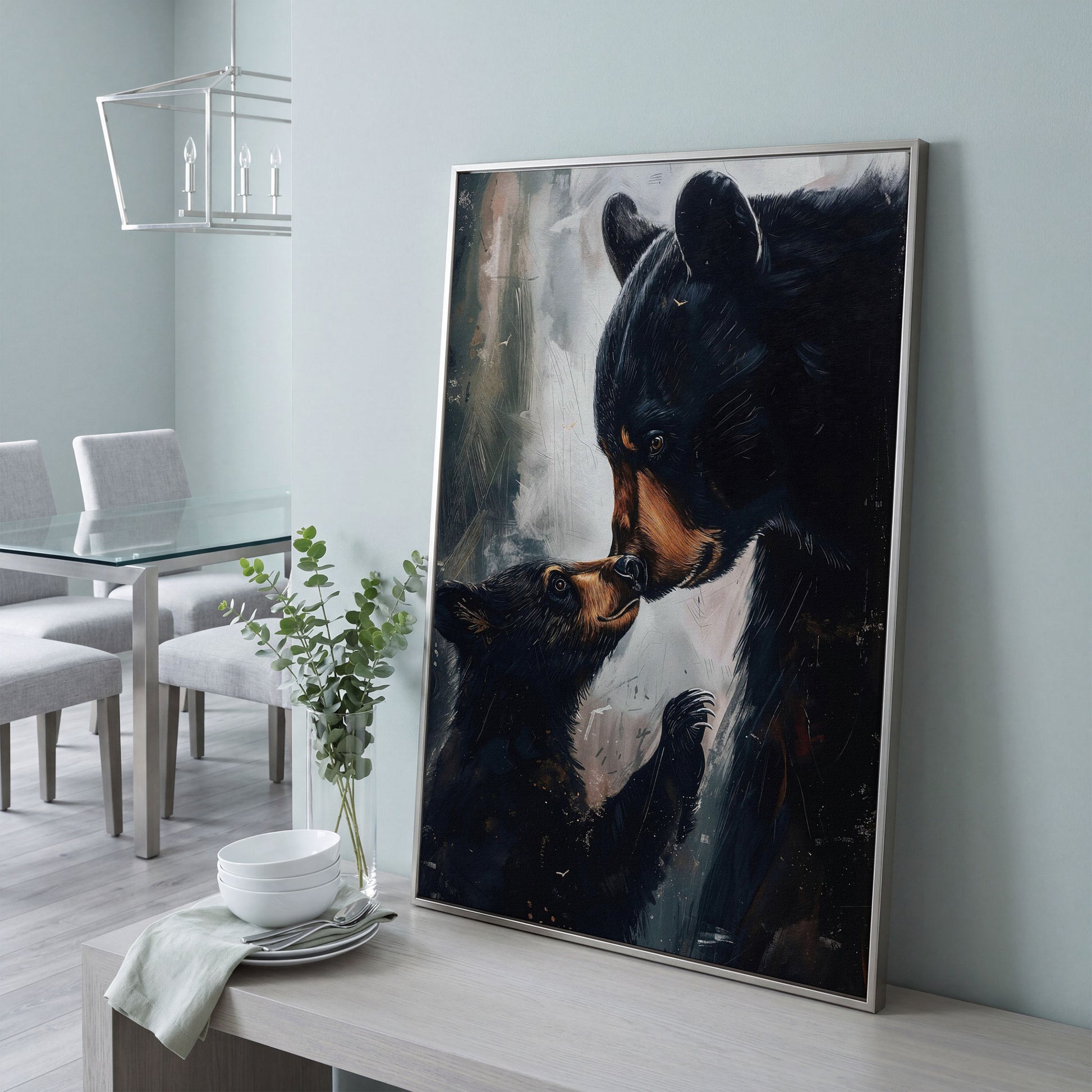 Mother and Baby Bear Canvas in silver floating frame
