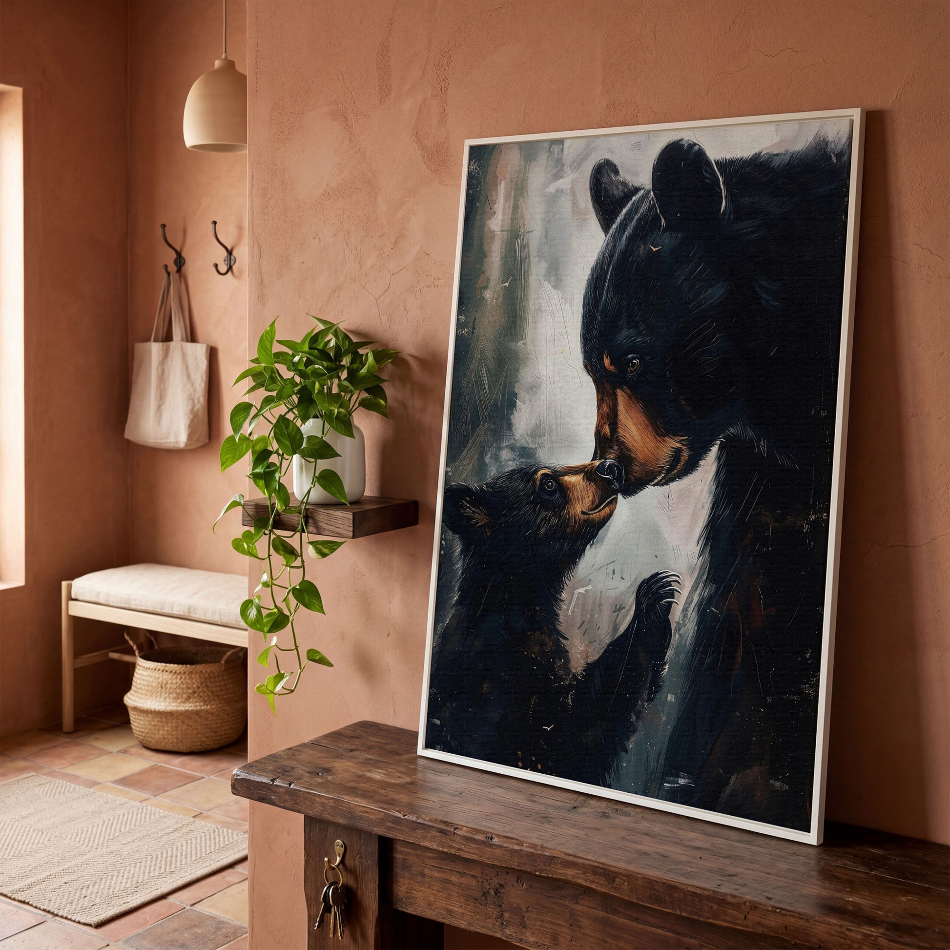 Mother and Baby Bear Canvas in white floating frame