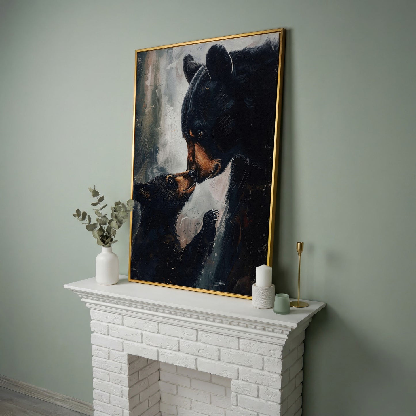 Mother and Baby Bear Canvas in yellow gold floating frame