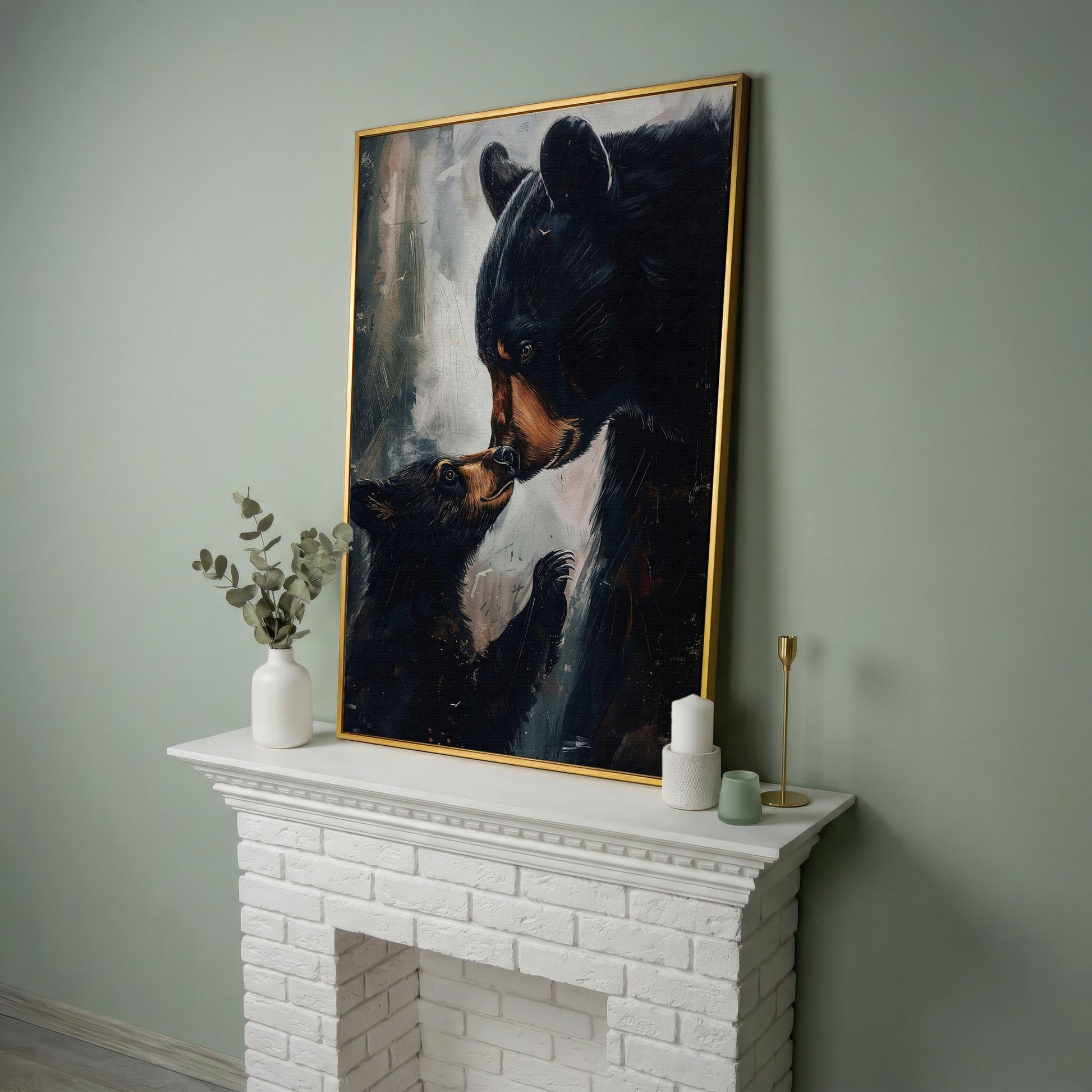 Mother and Baby Bear Canvas in yellow gold floating frame
