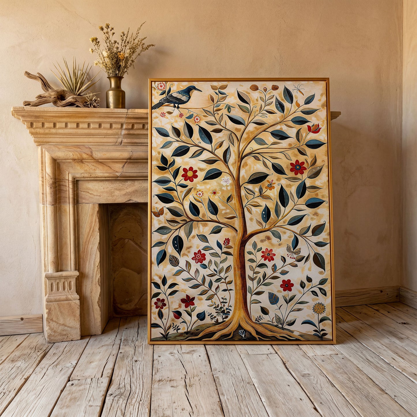 Tree of Life with Birds and Red Blooms Canvas in antique gold floating frame