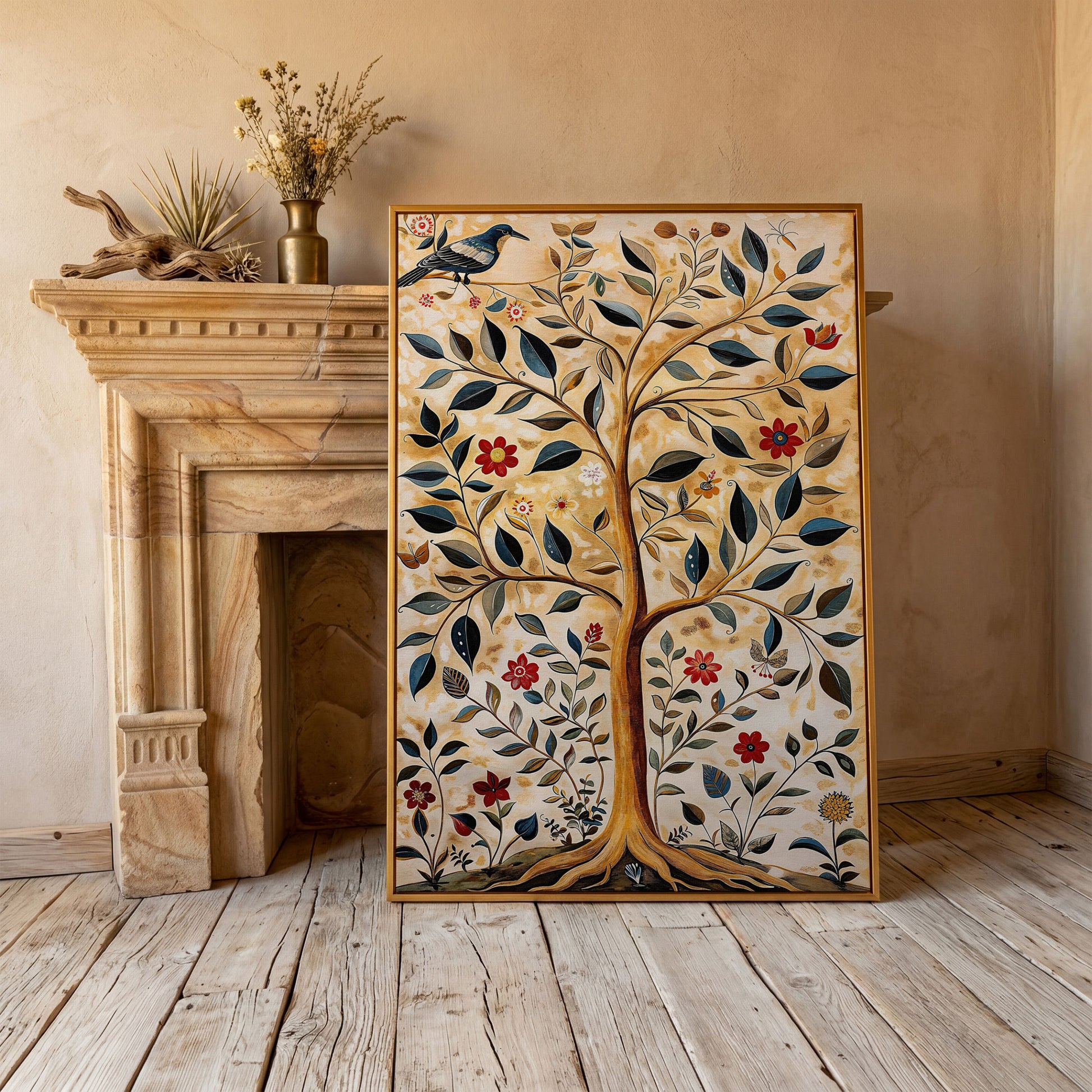 Tree of Life with Birds and Red Blooms Canvas in antique gold floating frame