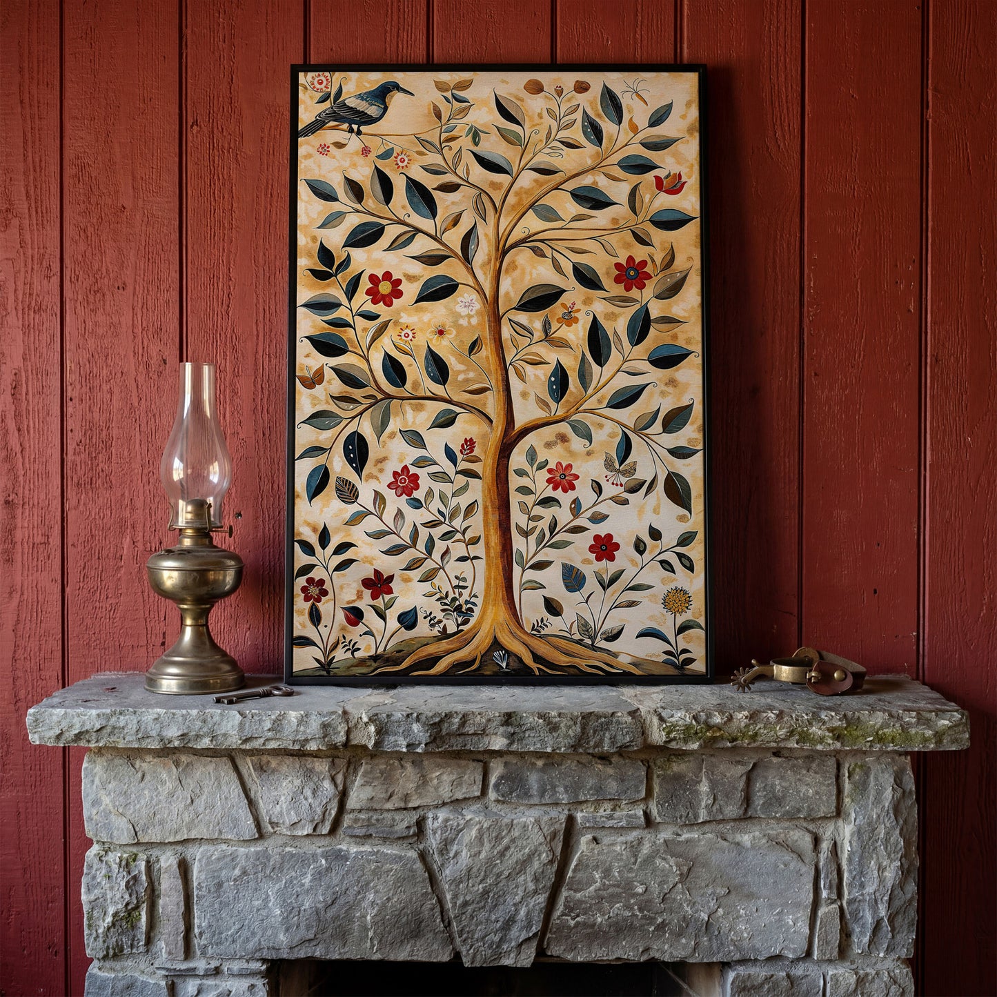 Tree of Life with Birds and Red Blooms Canvas in black floating frame