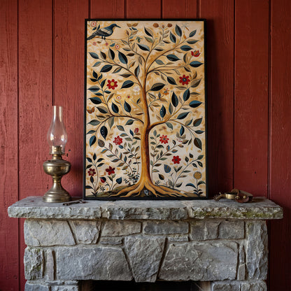 Tree of Life with Birds and Red Blooms Canvas in black floating frame