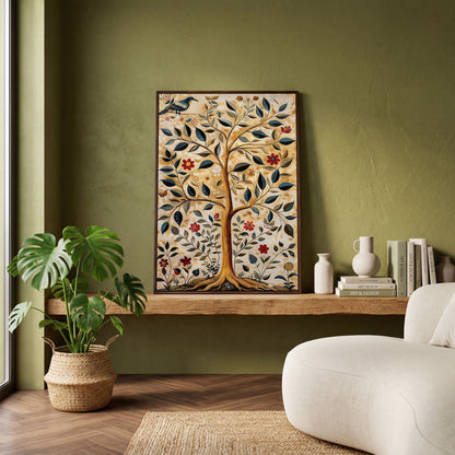 Tree of Life with Birds and Red Blooms Canvas in dark walnut floating frame