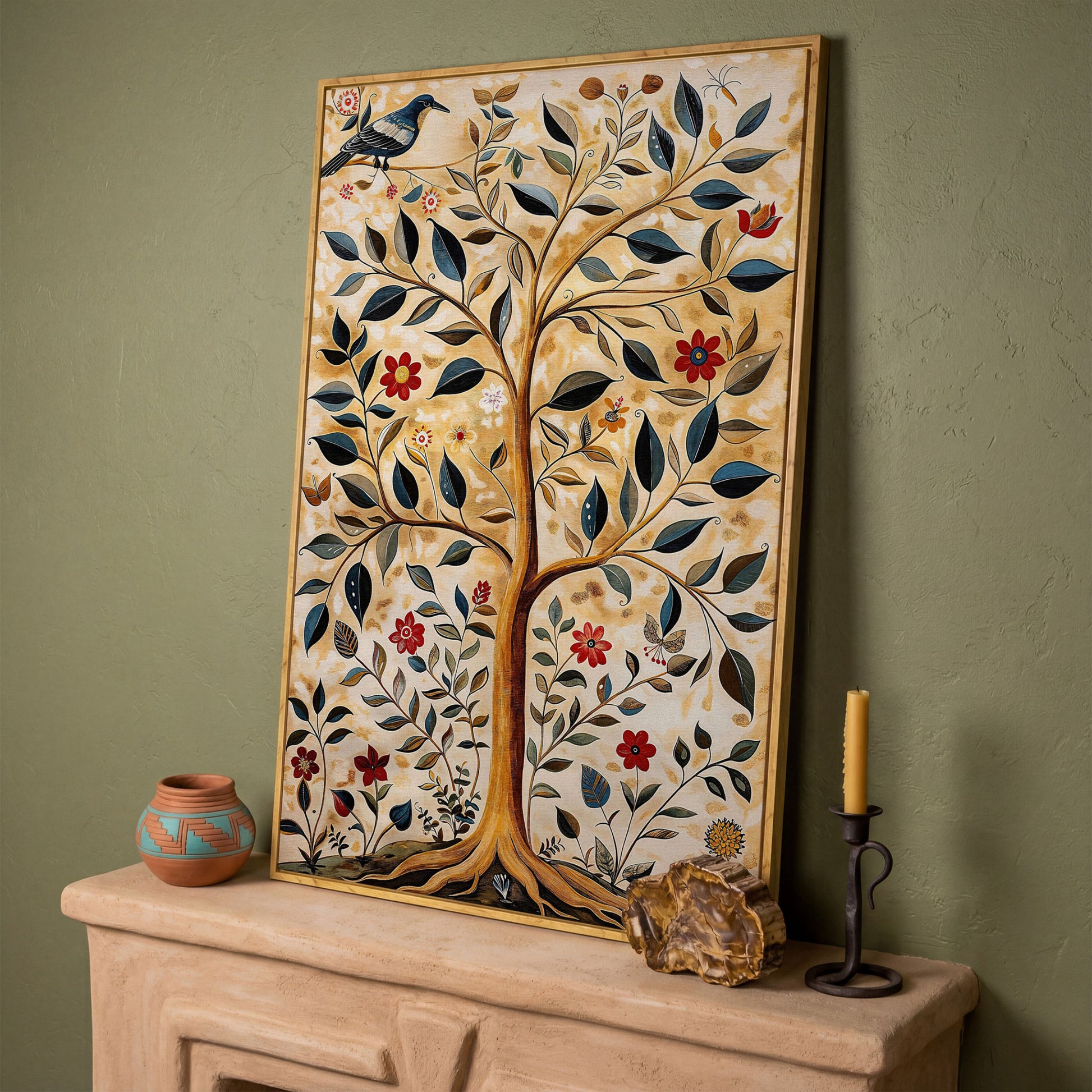 Tree of Life with Birds and Red Blooms Canvas in white oak floating frame