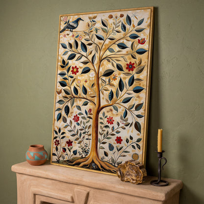 Tree of Life with Birds and Red Blooms Canvas in white oak floating frame