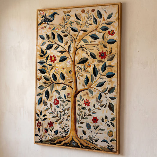 Tree of Life with Birds and Red Blooms Canvas shown in white oak floating frame