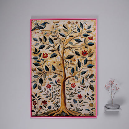 Tree of Life with Birds and Red Blooms Canvas in pink floating frame