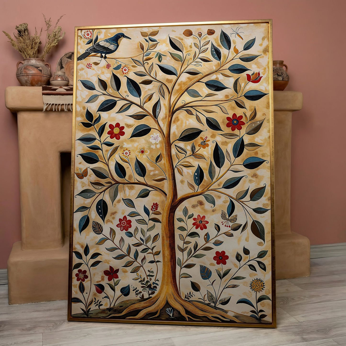 Tree of Life with Birds and Red Blooms Canvas in rose gold floating frame
