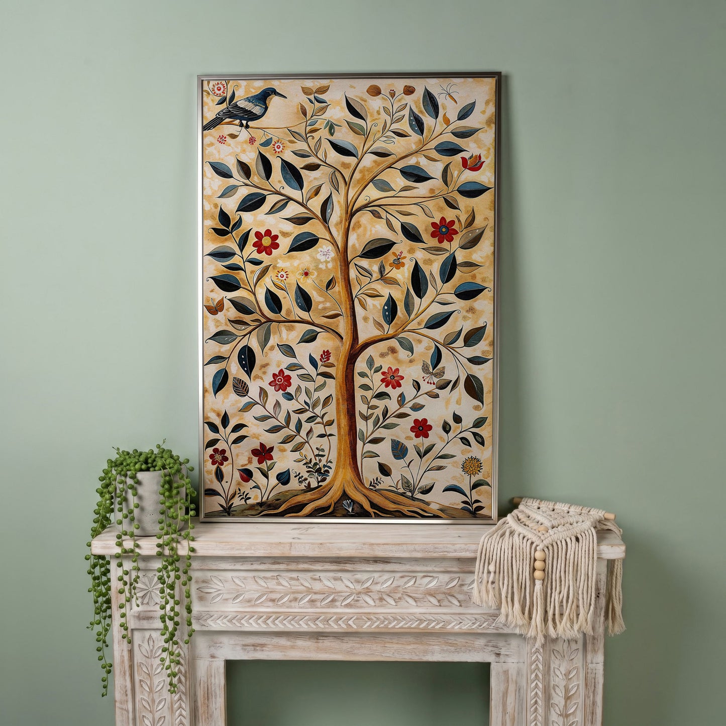 Tree of Life with Birds and Red Blooms Canvas in silver floating frame