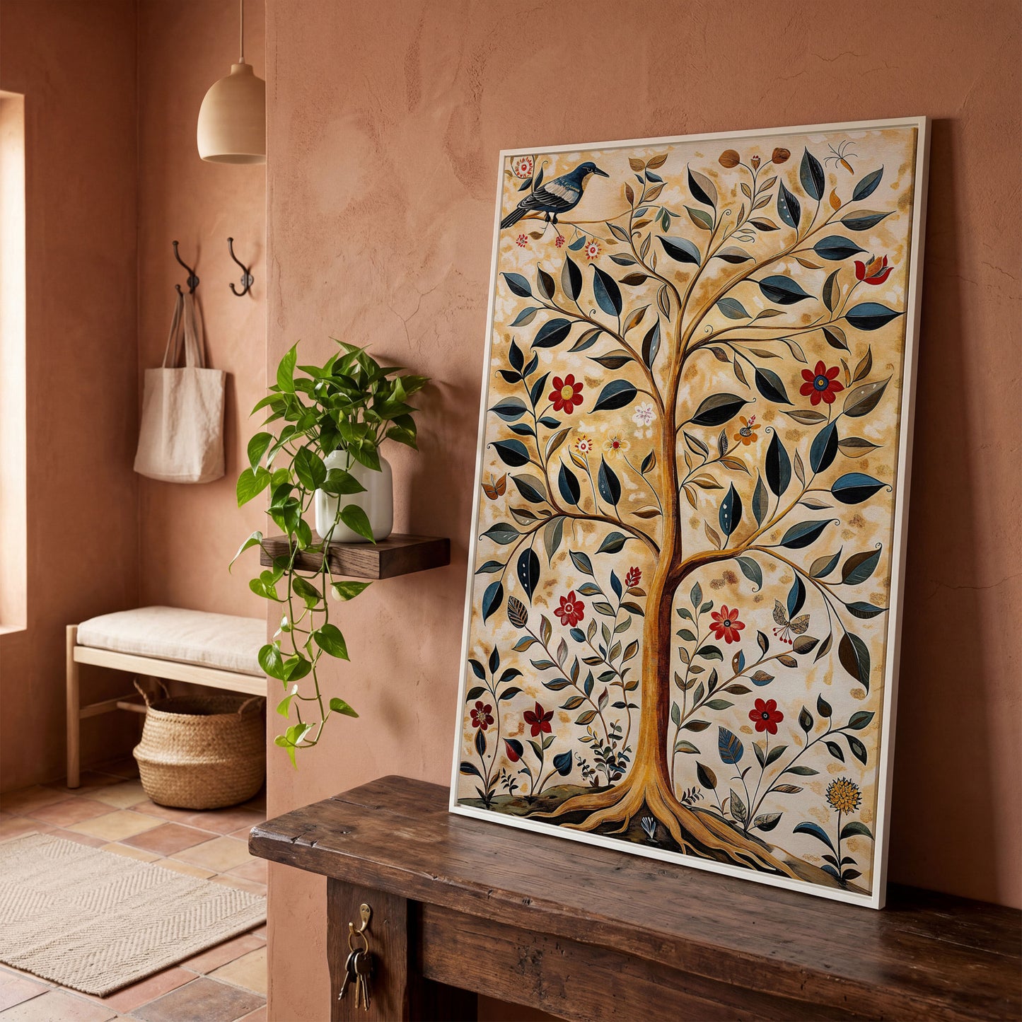 Tree of Life with Birds and Red Blooms Canvas in white floating frame