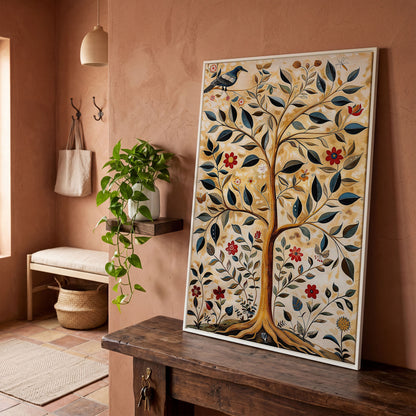 Tree of Life with Birds and Red Blooms Canvas in white floating frame