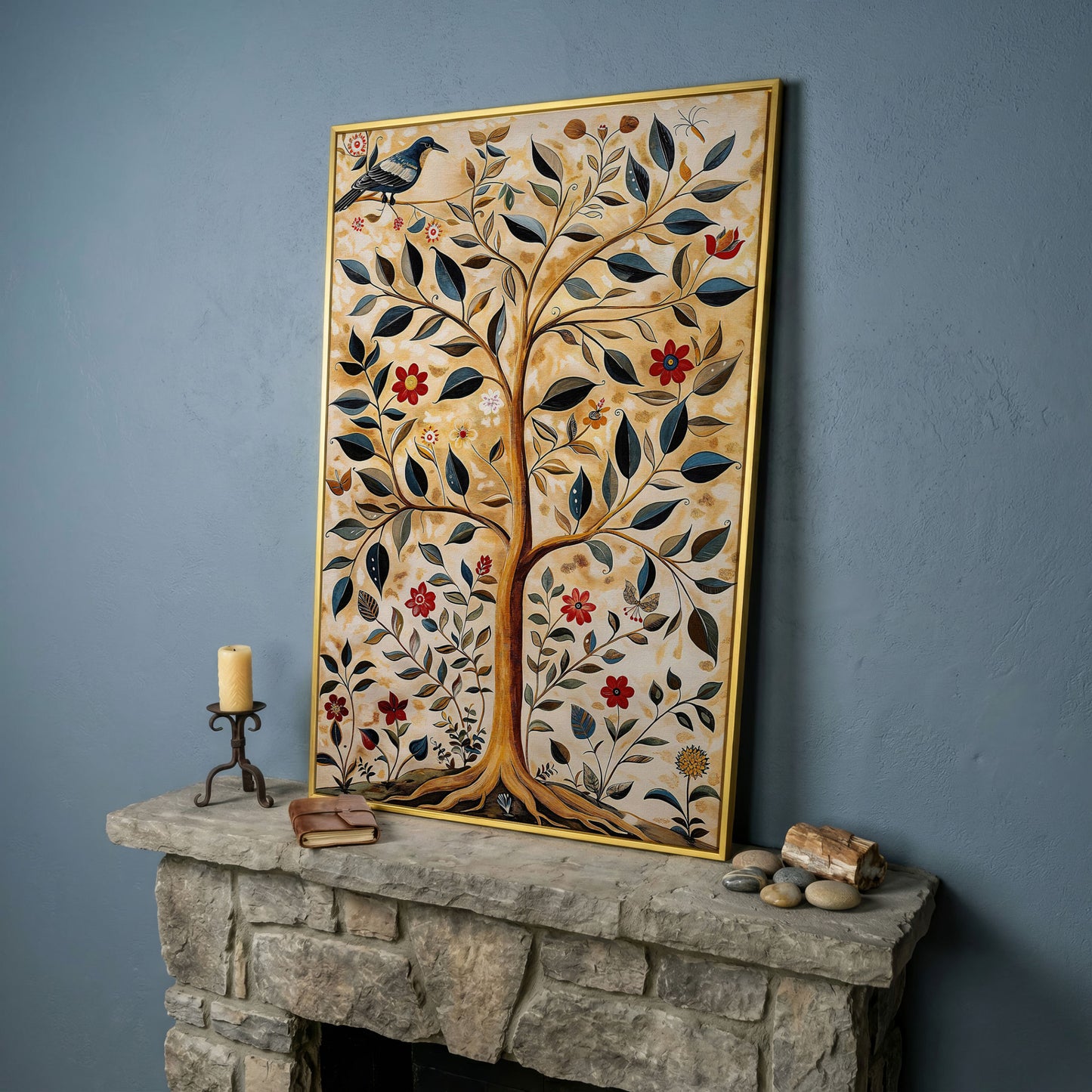 Tree of Life with Birds and Red Blooms Canvas in yellow gold floating frame