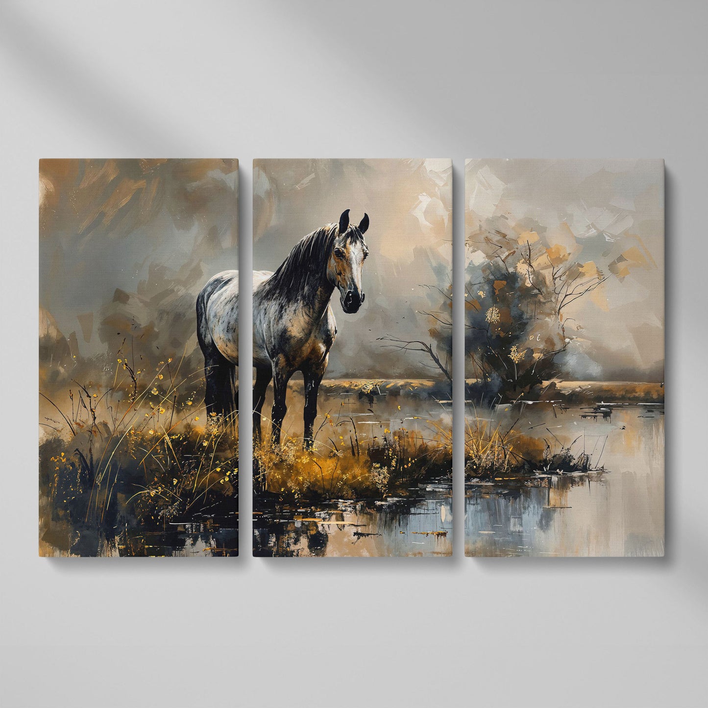 Gray Stallion by a Misty Pond Canvas Print as 3-panel split version