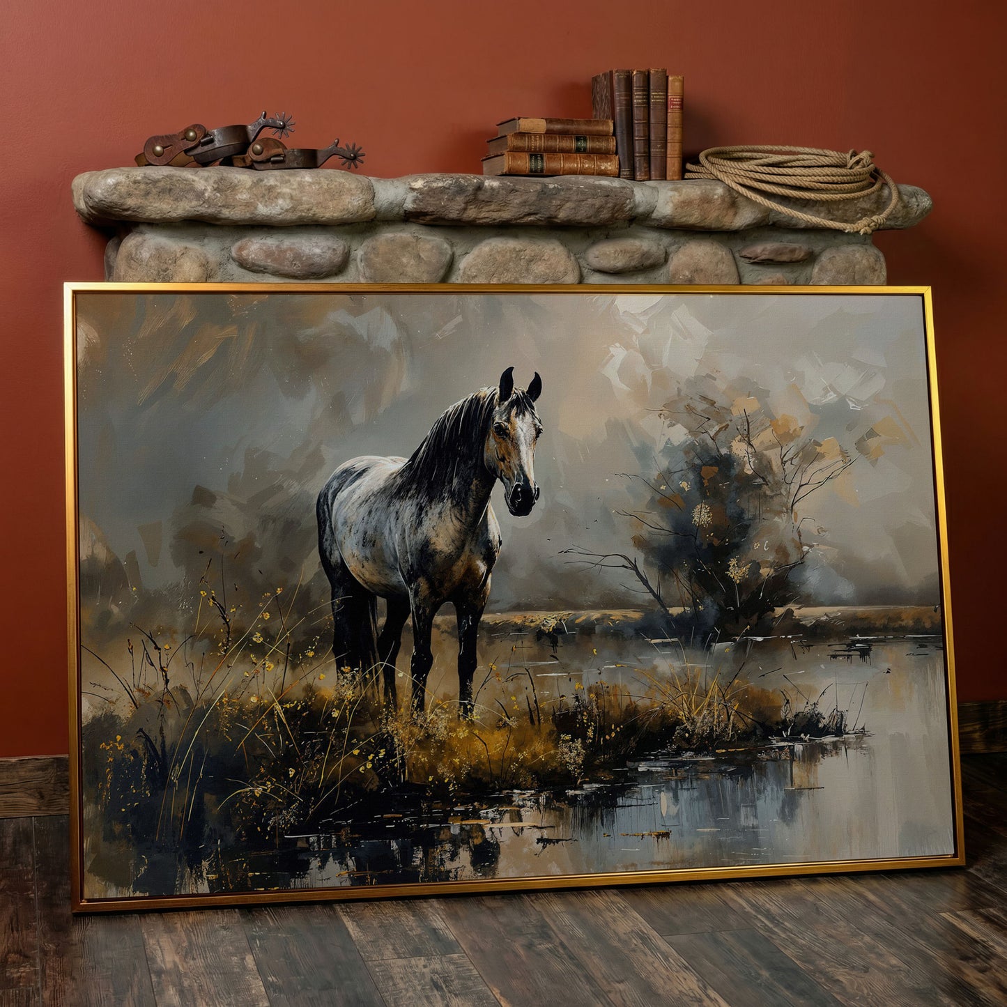 Gray Stallion by a Misty Pond Canvas Print in antique gold floating frame