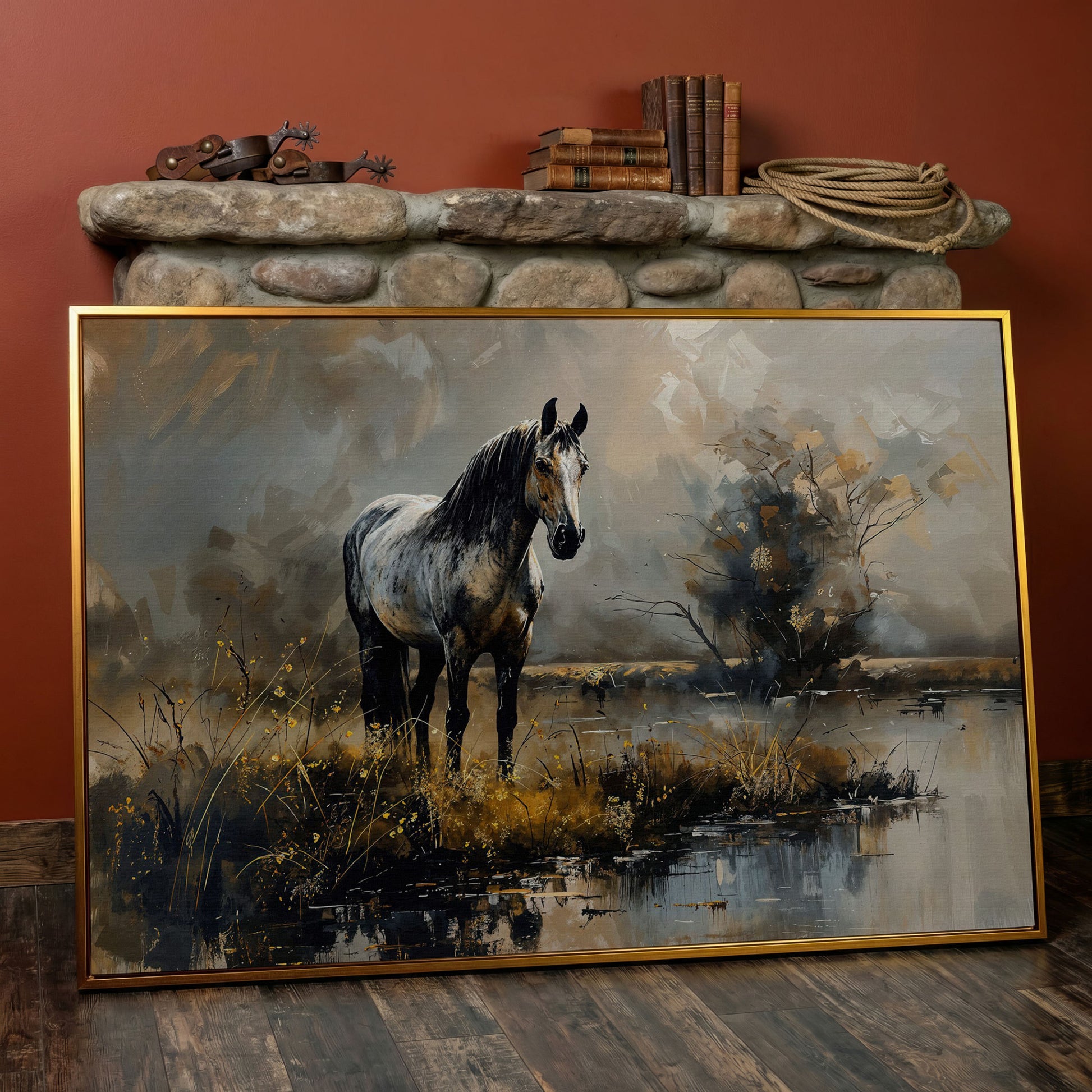 Gray Stallion by a Misty Pond Canvas Print in antique gold floating frame