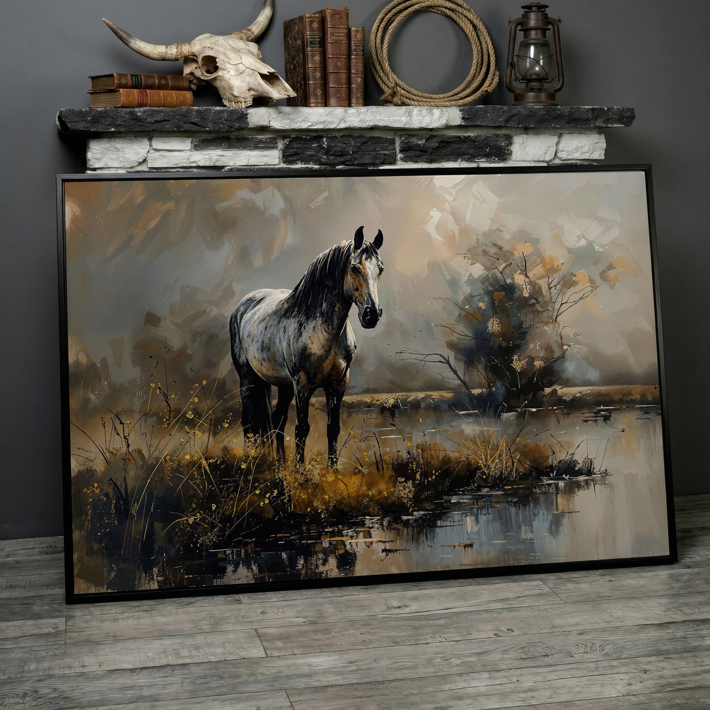 Gray Stallion by a Misty Pond Canvas Print in black floating frame