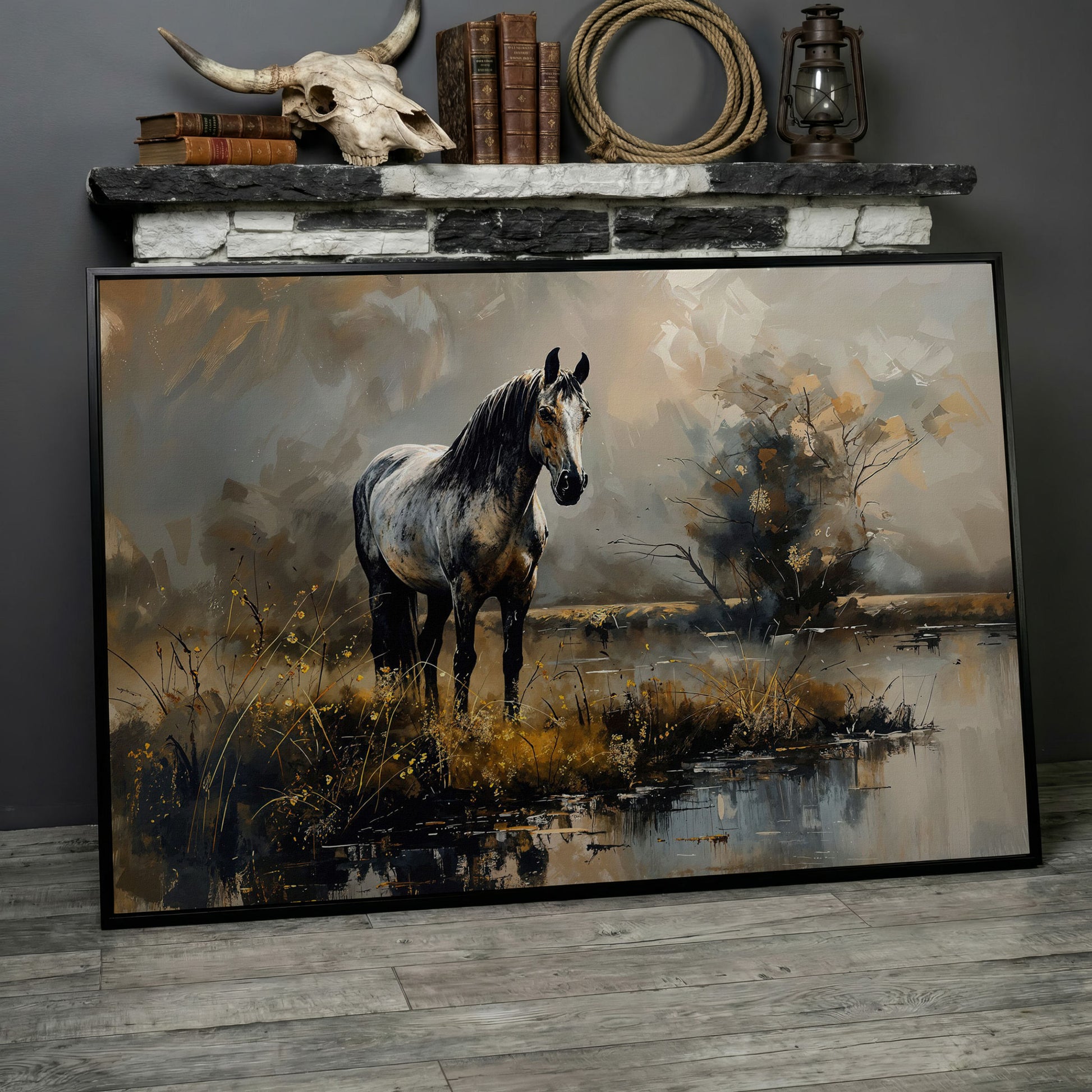 Gray Stallion by a Misty Pond Canvas Print in black floating frame