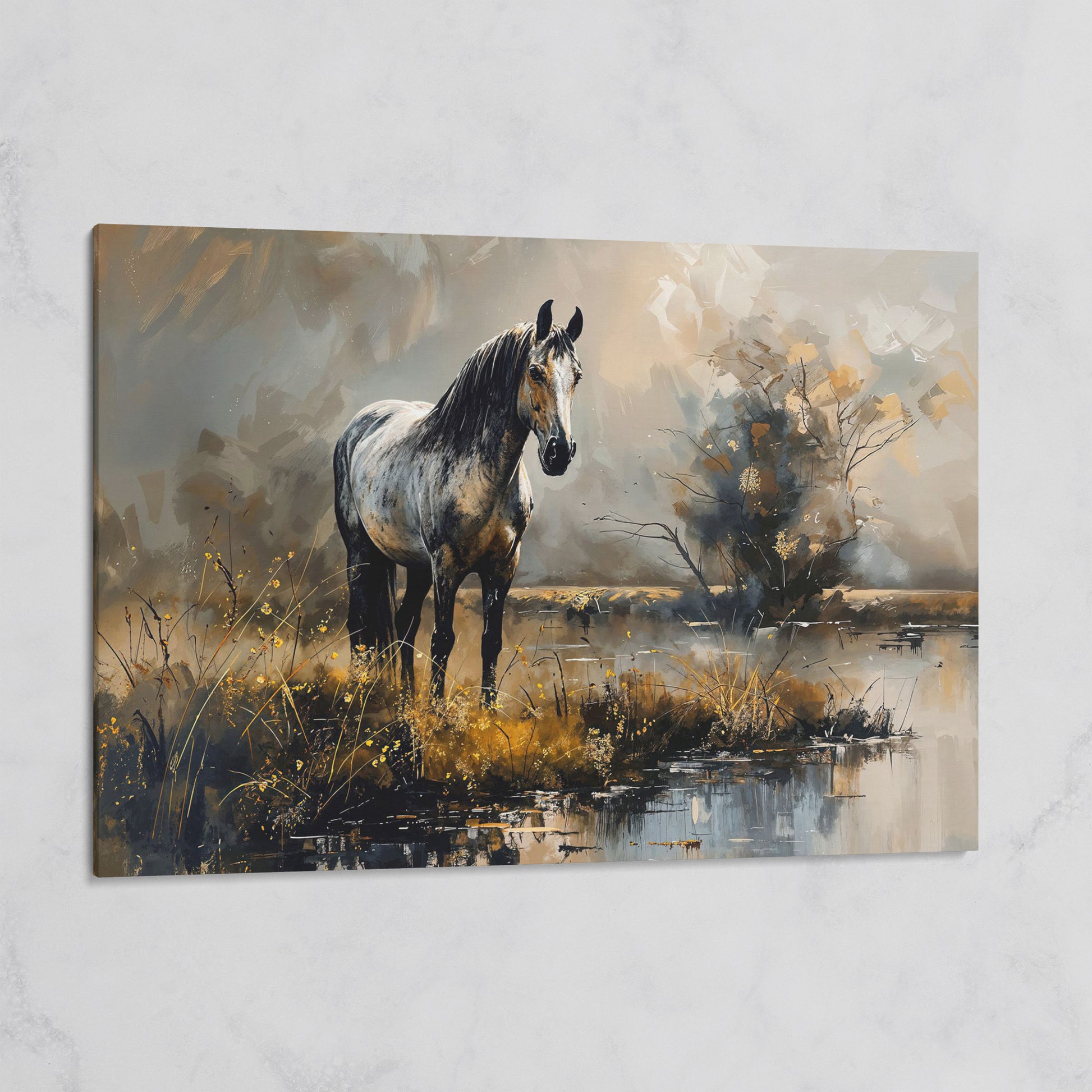Gray Stallion by a Misty Pond Canvas Print on gallery wrap