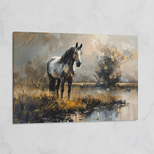 Gray Stallion by a Misty Pond Canvas Print on gallery wrap