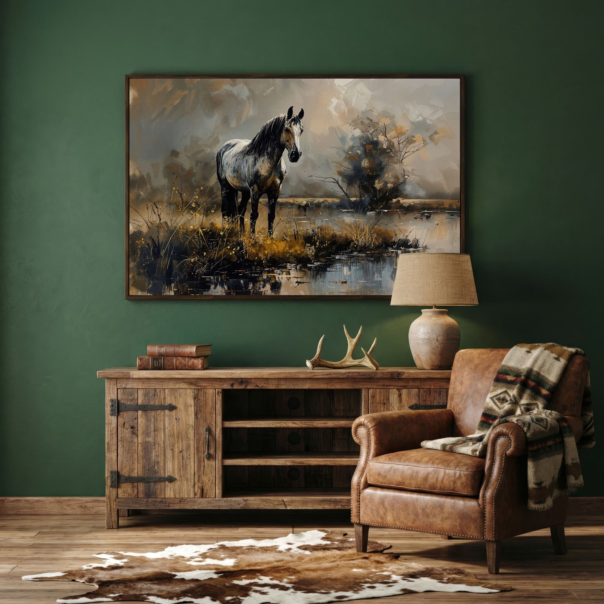 Gray Stallion by a Misty Pond Canvas Print in dark walnut floating frame
