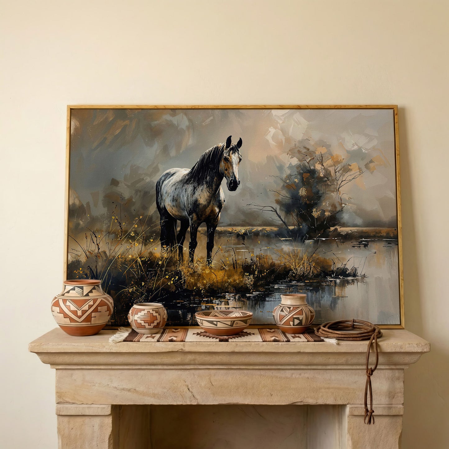 Gray Stallion by a Misty Pond Canvas Print in white oak floating frame