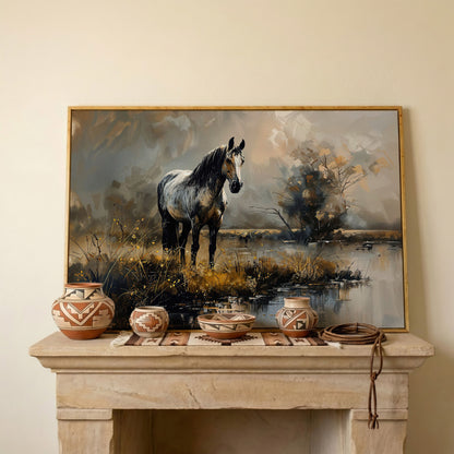 Gray Stallion by a Misty Pond Canvas Print in white oak floating frame