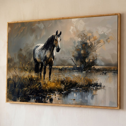 Gray Stallion by a Misty Pond Canvas Print shown in white oak floating frame