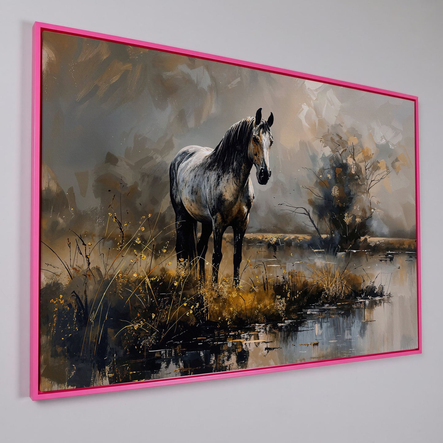 Gray Stallion by a Misty Pond Canvas Print in pink floating frame