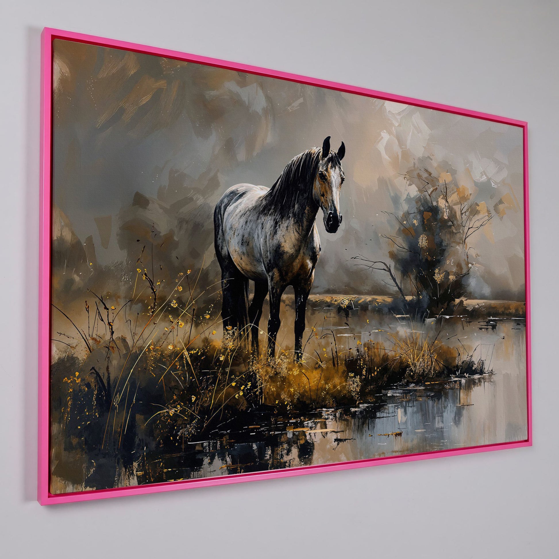 Gray Stallion by a Misty Pond Canvas Print in pink floating frame