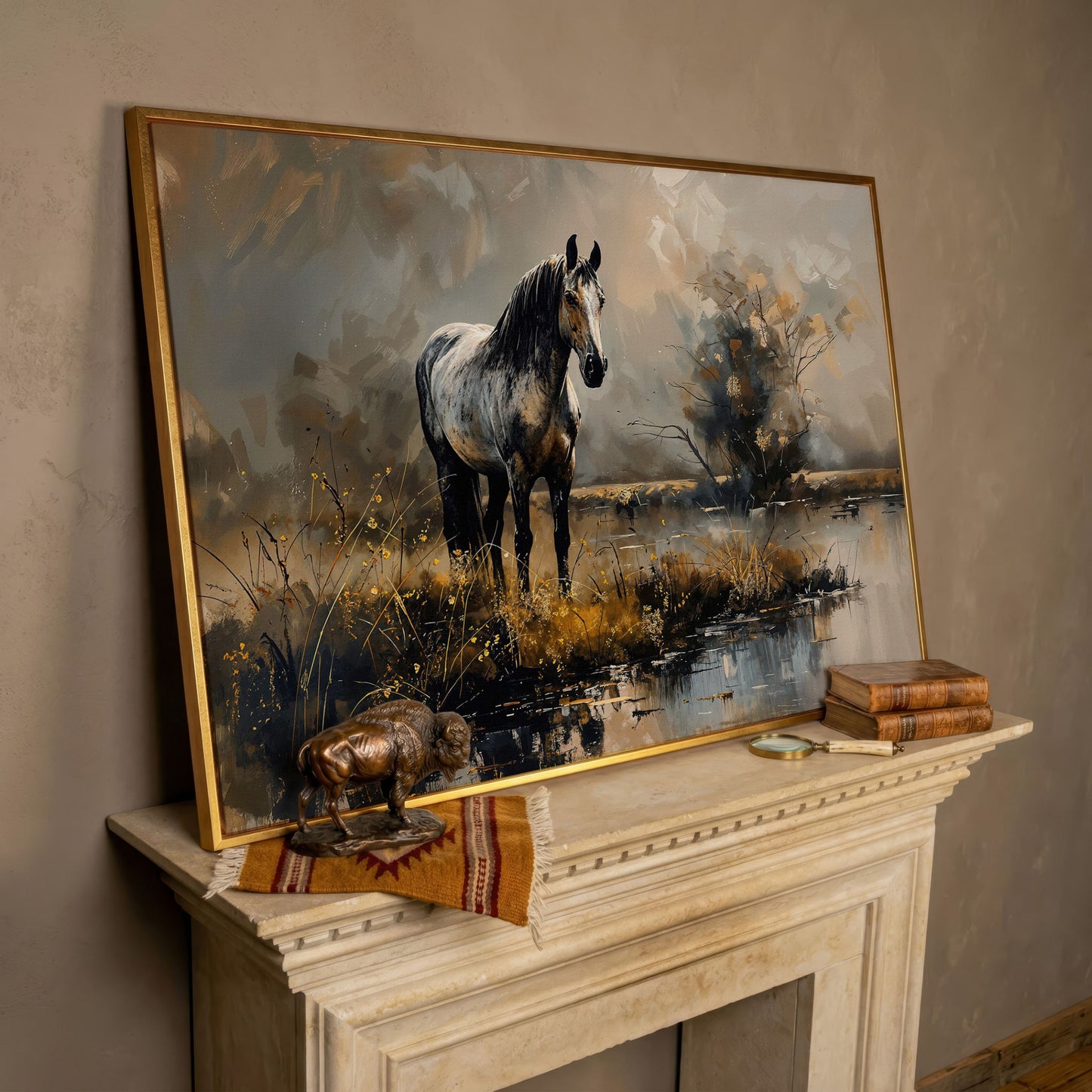 Gray Stallion by a Misty Pond Canvas Print in rose gold floating frame