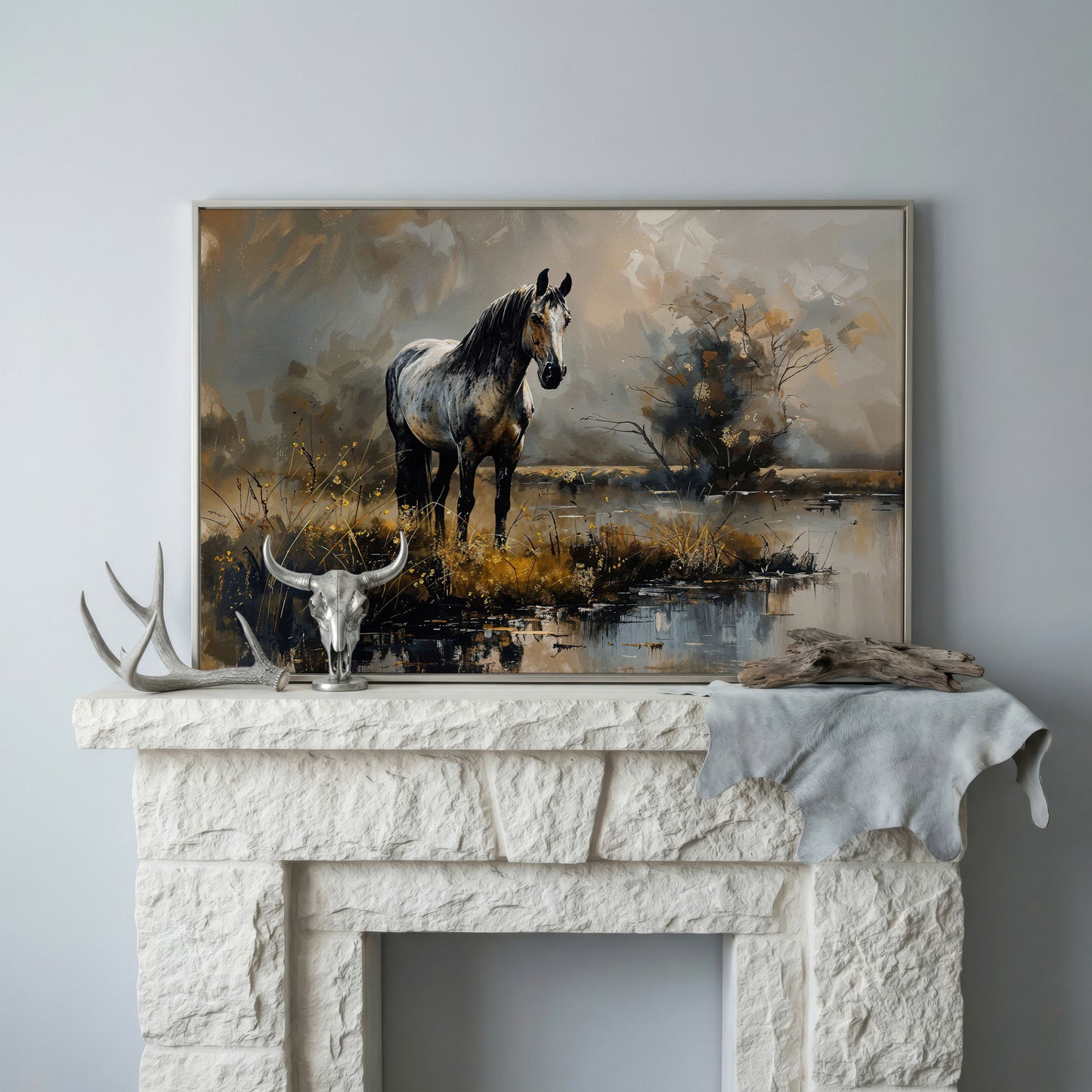 Gray Stallion by a Misty Pond Canvas Print in silver floating frame