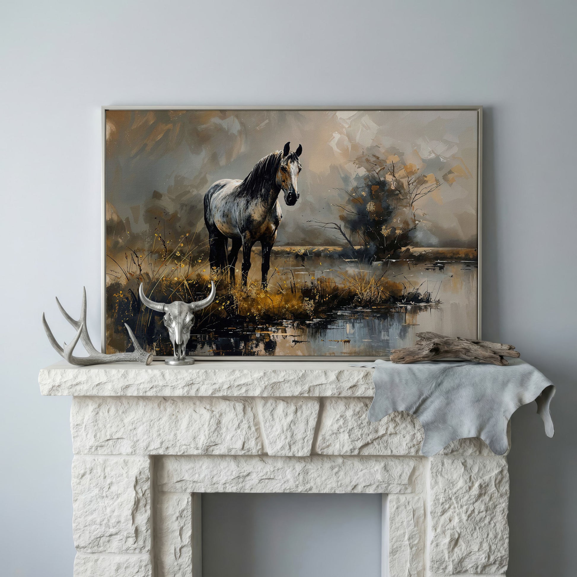 Gray Stallion by a Misty Pond Canvas Print in silver floating frame
