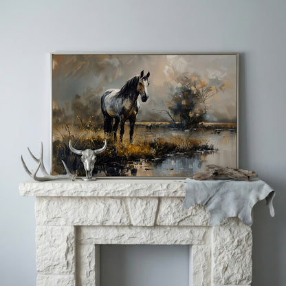 Gray Stallion by a Misty Pond Canvas Print in silver floating frame