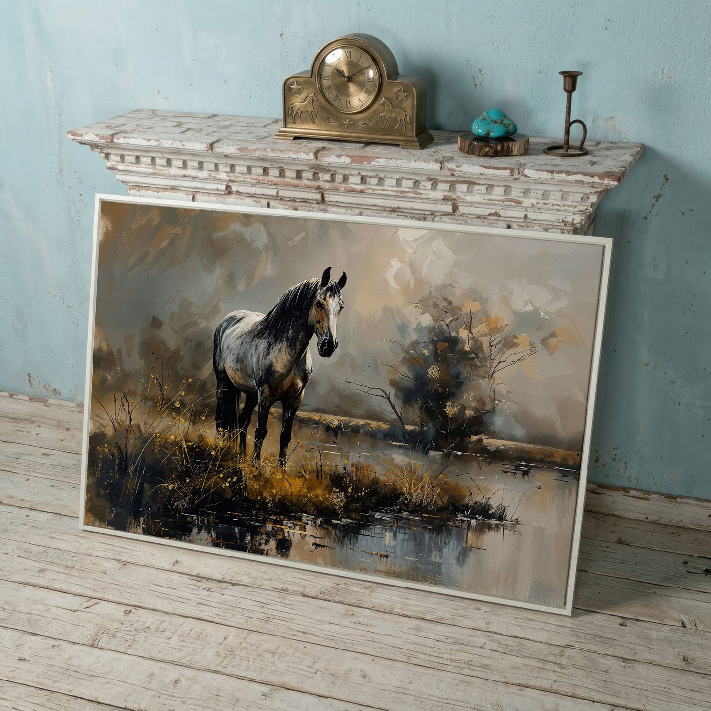 Gray Stallion by a Misty Pond Canvas Print in white floating frame