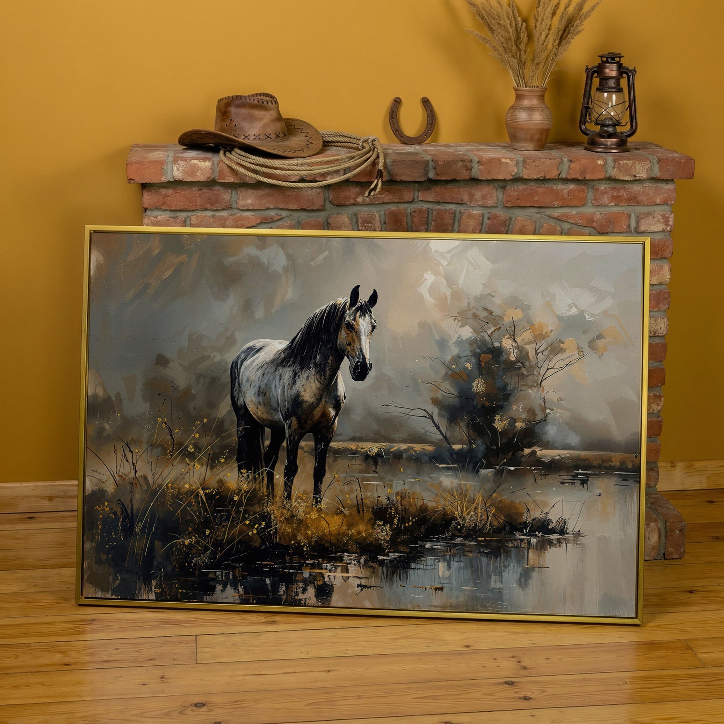 Gray Stallion by a Misty Pond Canvas Print in yellow gold floating frame