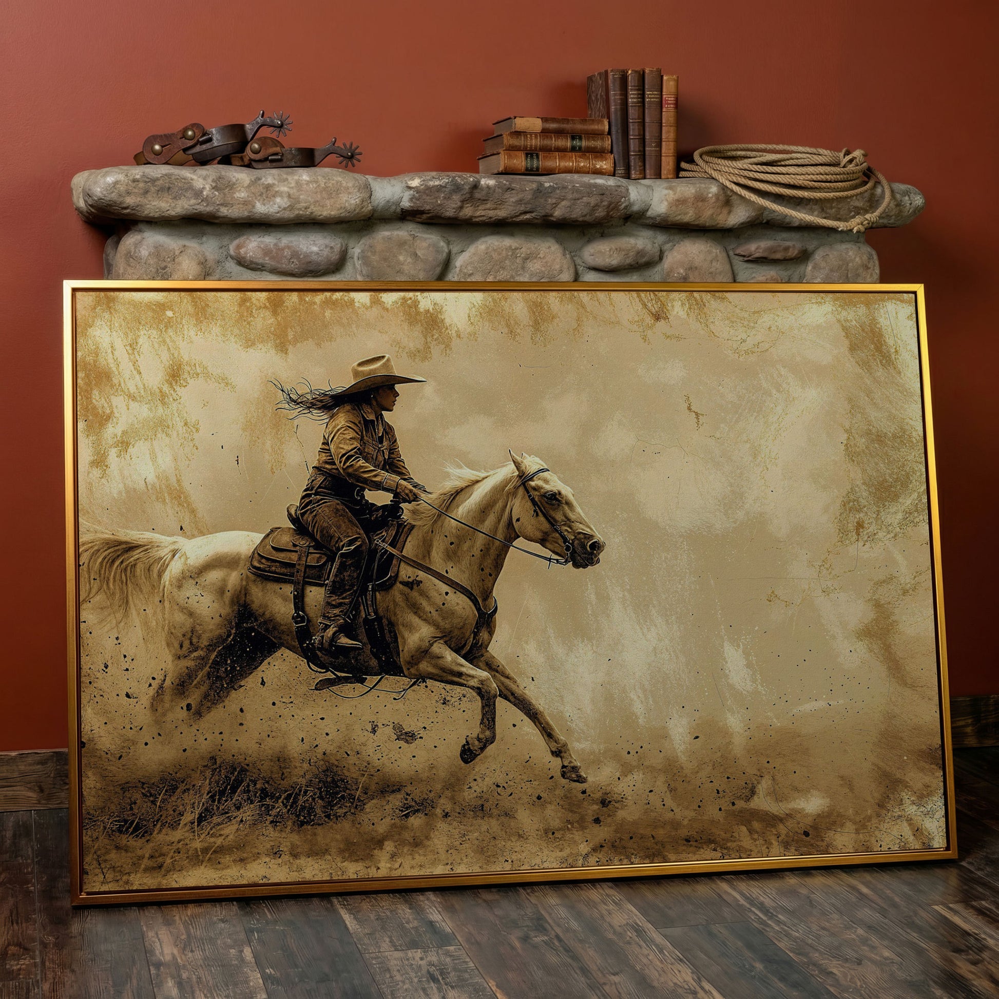 Cowgirl on White Horse at Full Gallop. Western Canvas Wall Art in antique gold floating frame