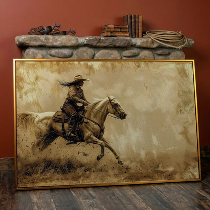 Cowgirl on White Horse at Full Gallop. Western Canvas Wall Art in antique gold floating frame