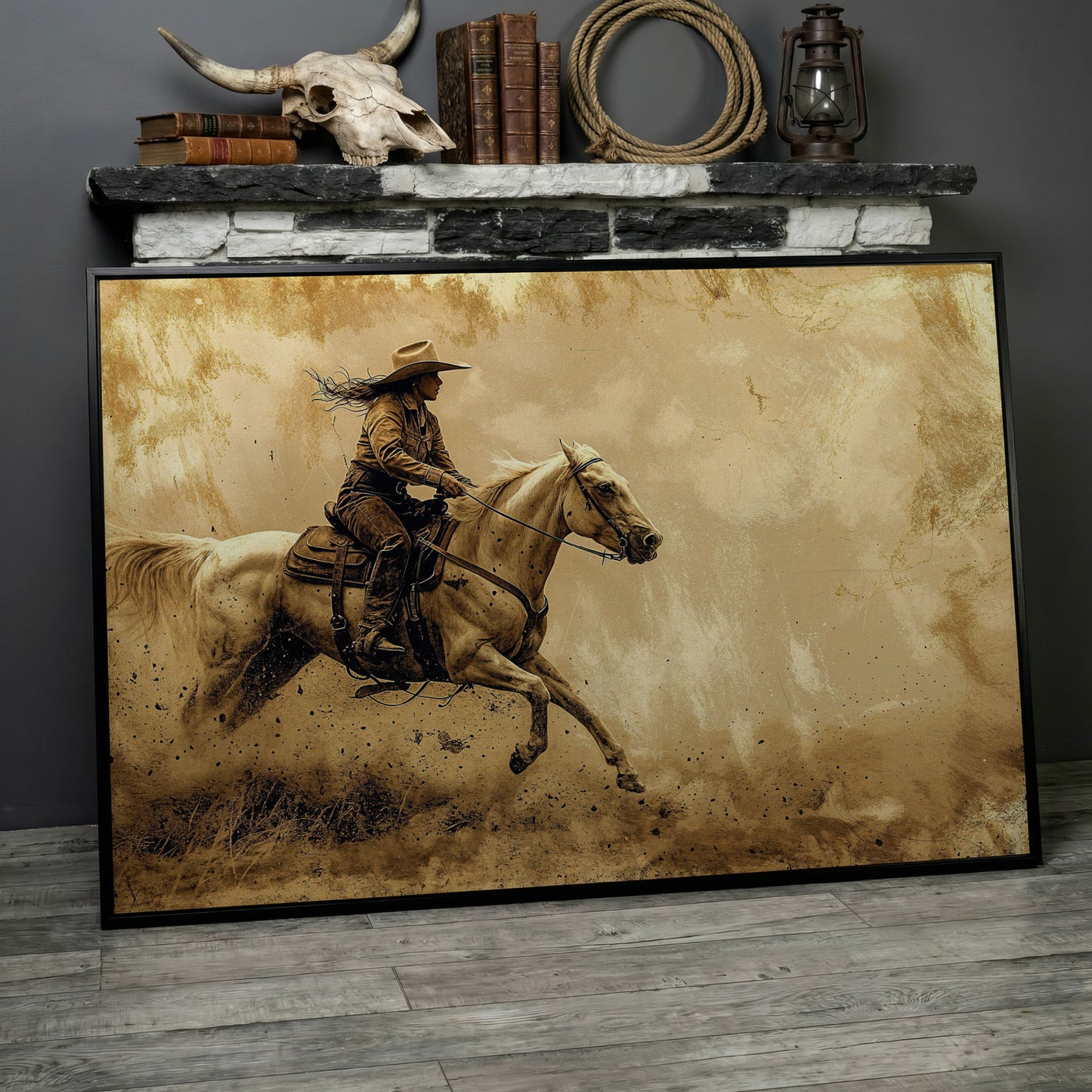 Cowgirl on White Horse at Full Gallop. Western Canvas Wall Art in black floating frame