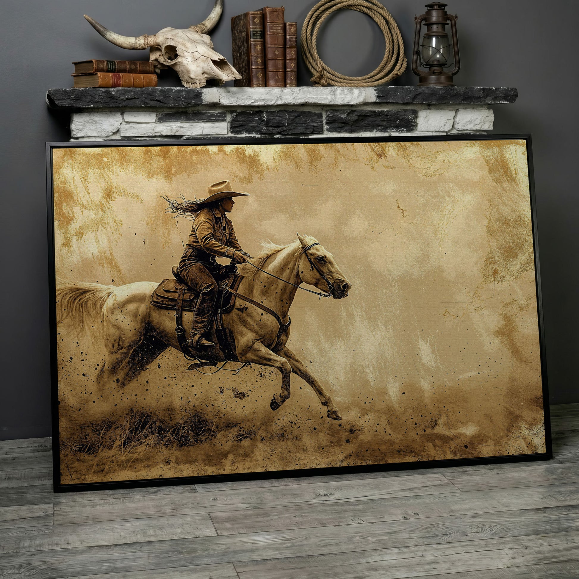 Cowgirl on White Horse at Full Gallop. Western Canvas Wall Art in black floating frame