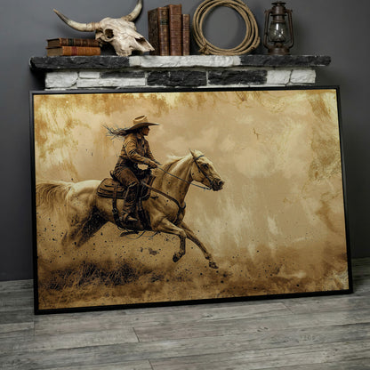 Cowgirl on White Horse at Full Gallop. Western Canvas Wall Art in black floating frame
