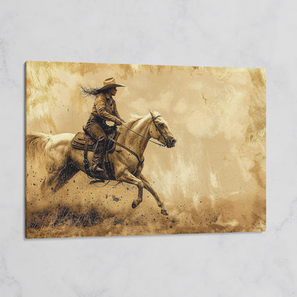 Cowgirl on White Horse at Full Gallop. Western Canvas Wall Art on gallery wrap